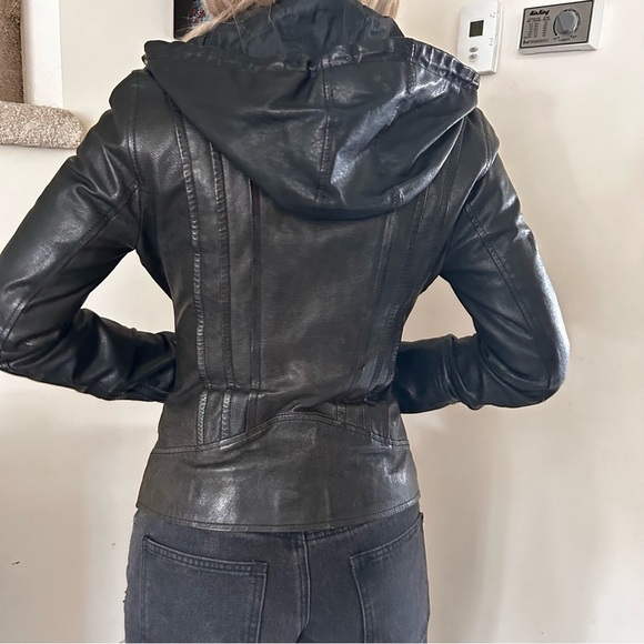 Soia & Kyo Hooded Black Leather Zip Motorcycle Jacket Women's Size X Small - Picture 12 of 15